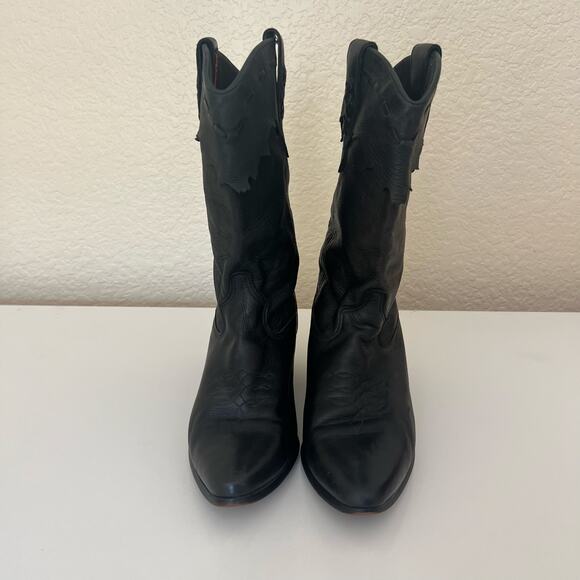 Laredo Black Leather Western Cowboy Boots, Scalloped Trim, Size 8M, USA Made - Picture 3 of 11